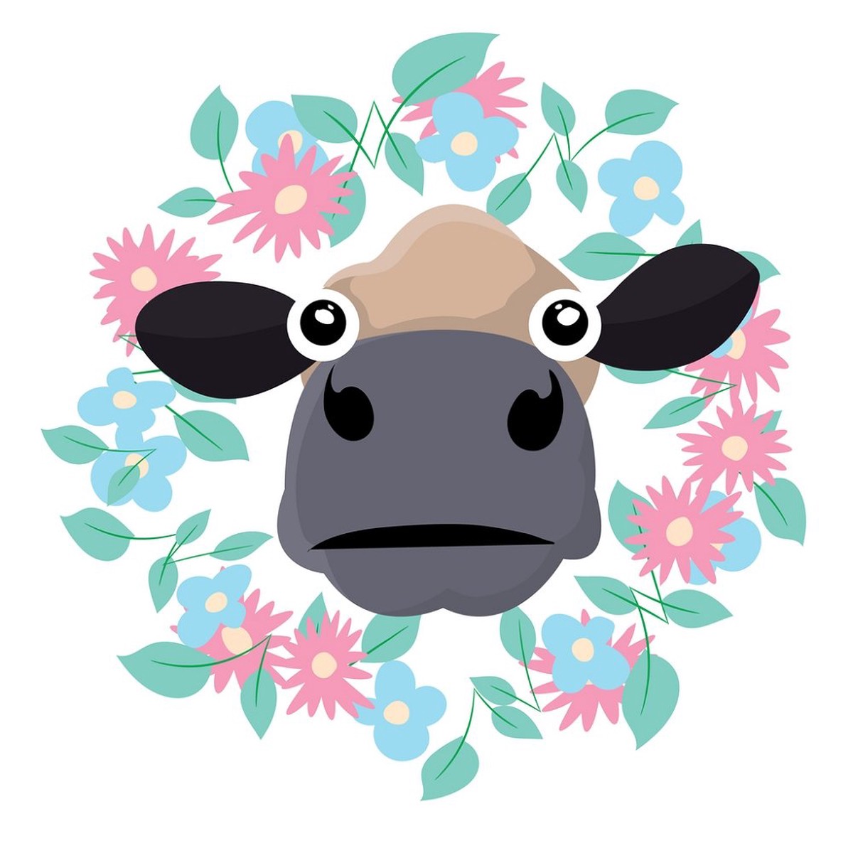 Cute Tan Cow with Floral Wreath Fabric Panel