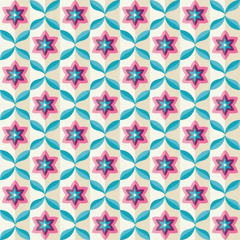 Retro Flowers and Leaves Fabric - Tan/Blue